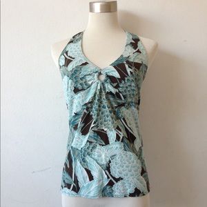 Ann Taylor Halter Top Blouse Teal Peony Floral S